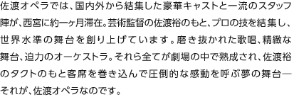 佐渡オペラでは、国内外から結集した豪華キャストと一流のスタッフ陣が、西宮に約一ヶ月滞在。芸術監督の佐渡裕のもと、プロの技を結集し、世界水準の舞台を創り上げています。磨き抜かれた歌唱、精緻な舞台、迫力のオーケストラ。それら全てが劇場の中で熟成され、佐渡裕のタクトのもと客席を巻き込んで圧倒的な感動を呼ぶ夢の舞台―それが、佐渡オペラなのです。