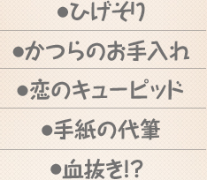 ・ひげそり・かつらのお手入れ・恋のキューピッド・手紙の代筆・血抜き!?